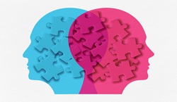 Blue and red heads back to back with puzzle pieces as brain
